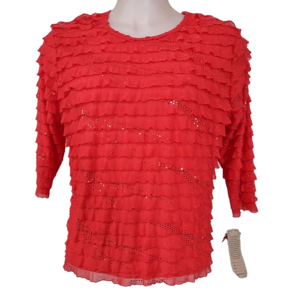 Cactus Shirt Women's Size XL Blouse 3/4 Sleeve Pullover Top Sequins‎ Red Festive